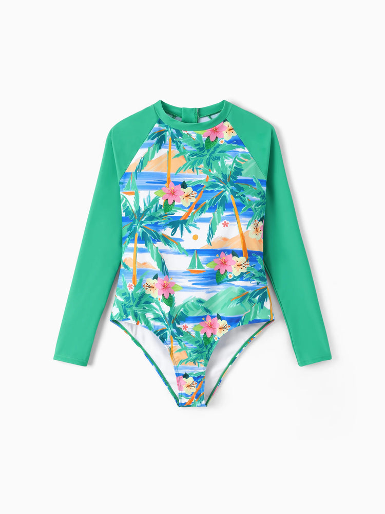 Mommy & me Tropical Palm Print Swim Trunks or Long Sleeve Rash Guard Swimsuit Turquoise