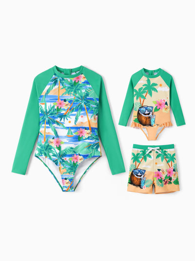 Short de bain ou combinaison anti-UV à manches longues maman et moi, imprimé palmiers tropicaux, turquoise