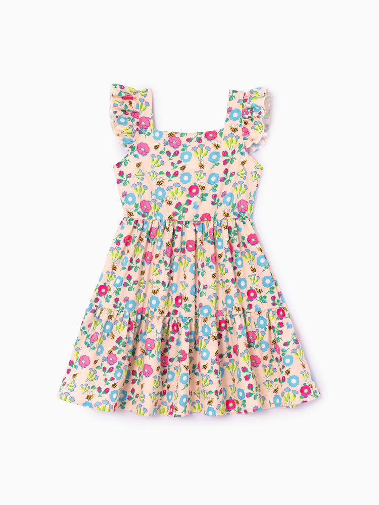 Toddler Girl  Floral Stripe Print  Ruffle-sleeve Tiered Dresse Multi-color