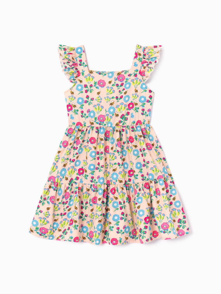 Toddler Girl  Floral Stripe Print  Ruffle-sleeve Tiered Dresse Multi-color