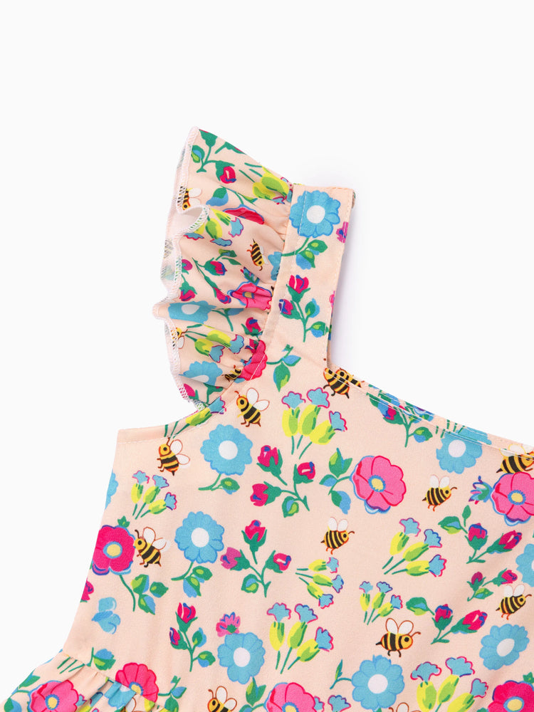 Toddler Girl  Floral Stripe Print  Ruffle-sleeve Tiered Dresse Multi-color