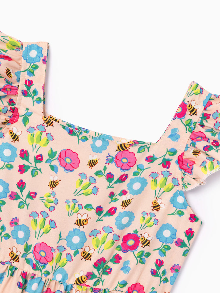 Toddler Girl  Floral Stripe Print  Ruffle-sleeve Tiered Dresse Multi-color