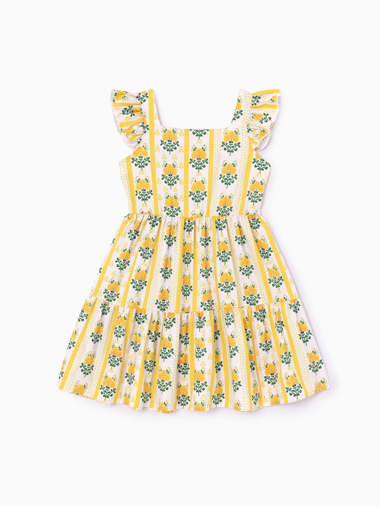 Toddler Girl  Floral Stripe Print  Ruffle-sleeve Tiered Dresse Yellow
