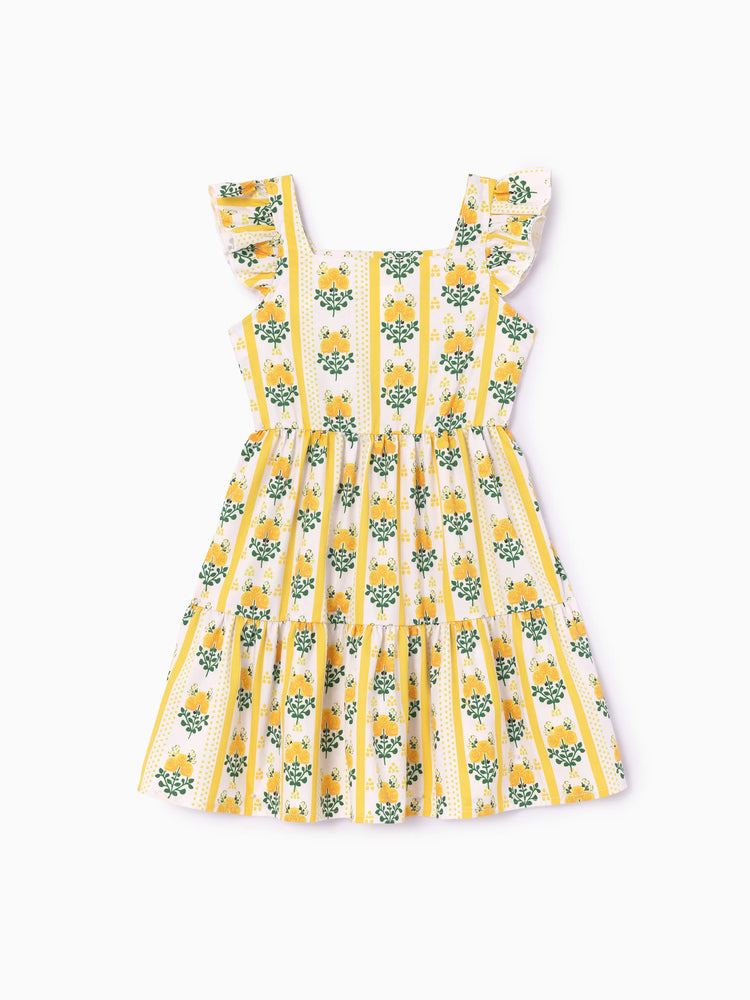 Toddler Girl  Floral Stripe Print  Ruffle-sleeve Tiered Dresse Yellow