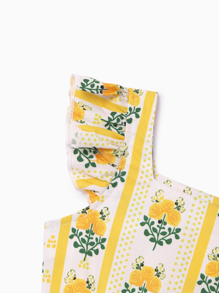 Toddler Girl  Floral Stripe Print  Ruffle-sleeve Tiered Dresse Yellow