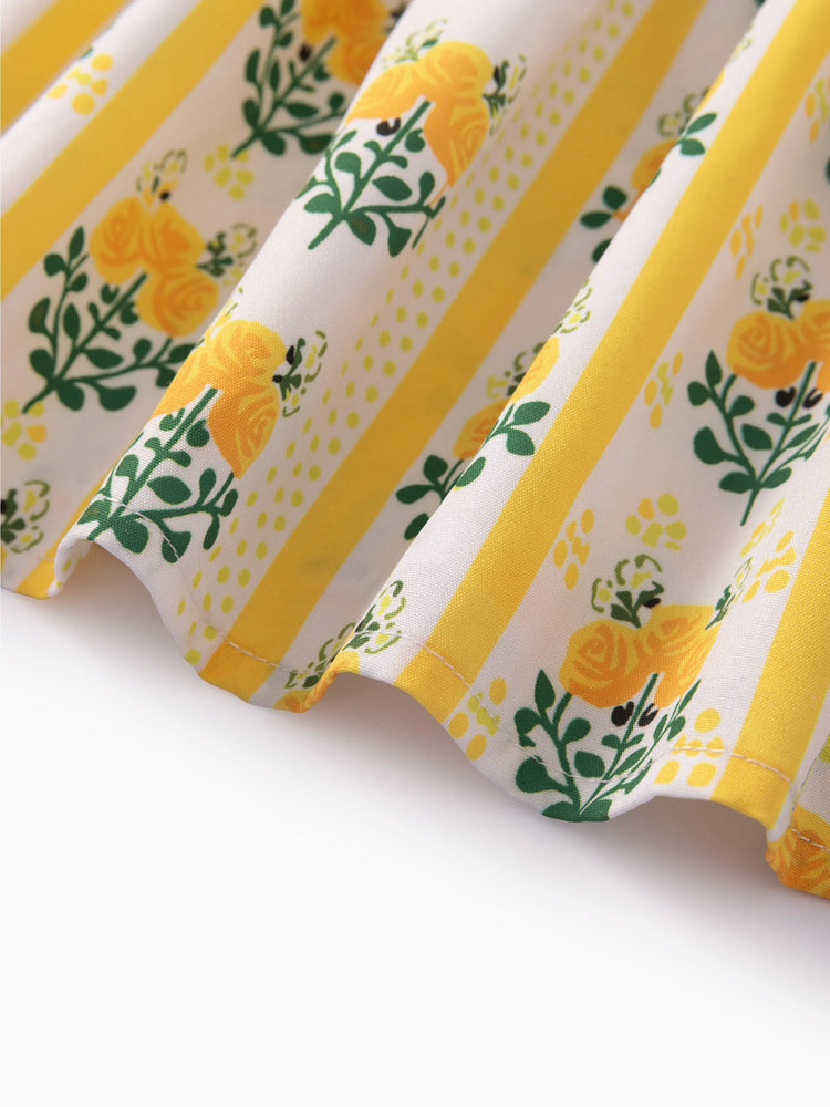 Toddler Girl  Floral Stripe Print  Ruffle-sleeve Tiered Dresse Yellow