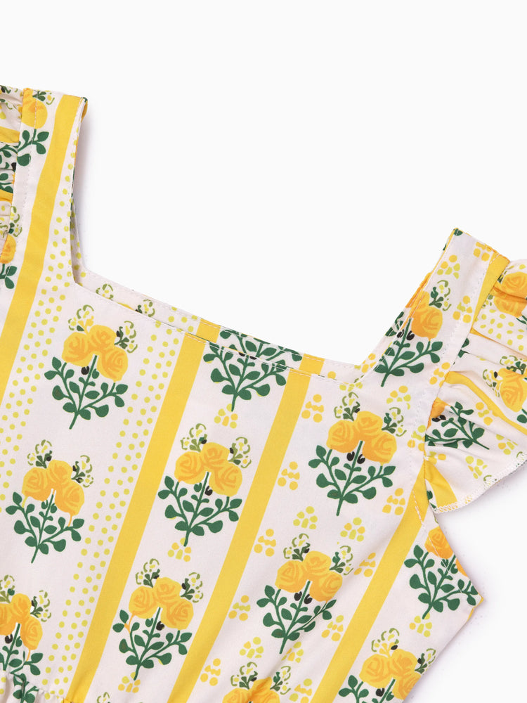 Toddler Girl  Floral Stripe Print  Ruffle-sleeve Tiered Dresse Yellow
