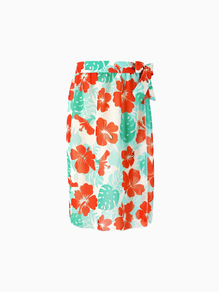 Family Matching Tropical Floral Print Swim Trunk or Ruffle Trim Bikini with Optional Beach Cover-Up Dress Orange