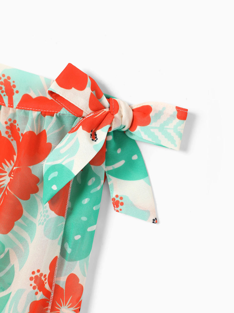 Daddy & Daughter Tropical Floral Print Swim Trunk or Ruffle Trim Bikini with Optional Beach Cover-Up Dress Orange