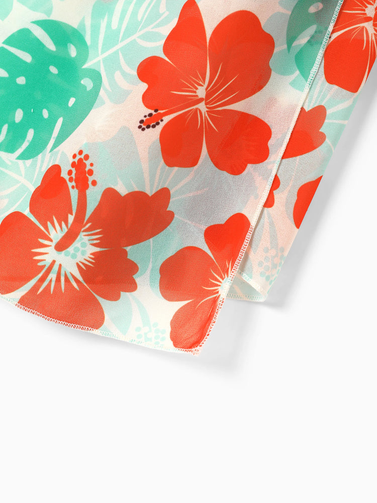 Family Matching Tropical Floral Print Swim Trunk or Ruffle Trim Bikini with Optional Beach Cover-Up Dress Orange