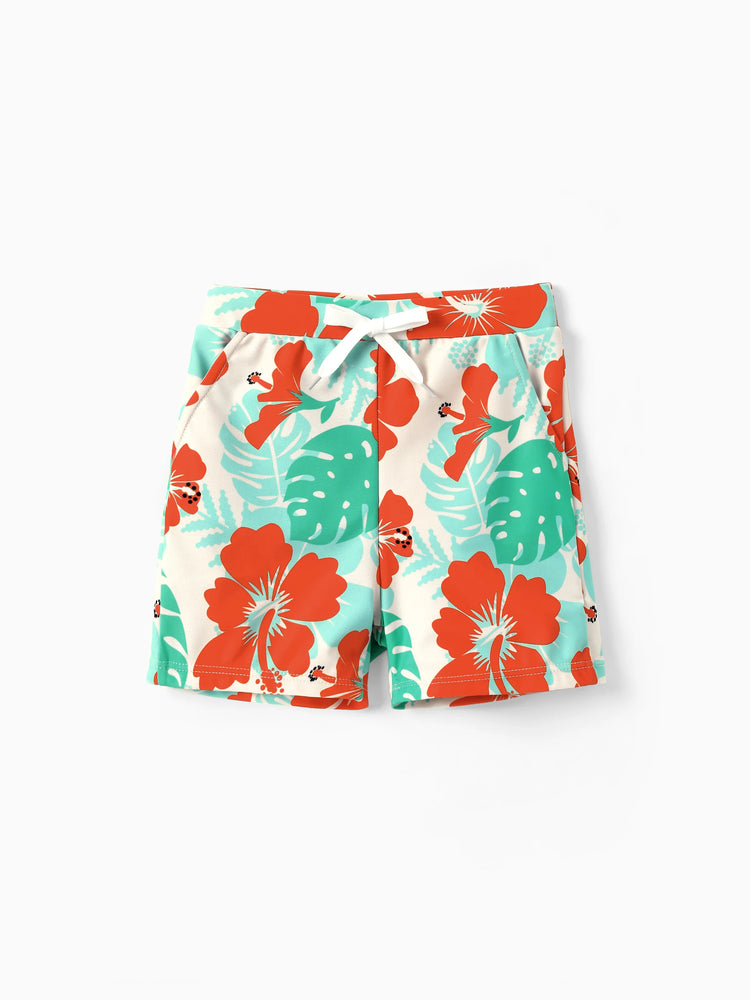 Family Matching Tropical Floral Print Swim Trunk or Ruffle Trim Bikini with Optional Beach Cover-Up Dress Orange