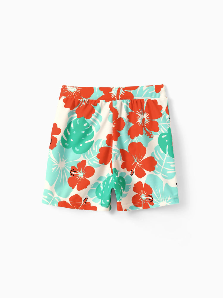 Family Matching Tropical Floral Print Swim Trunk or Ruffle Trim Bikini with Optional Beach Cover-Up Dress Orange