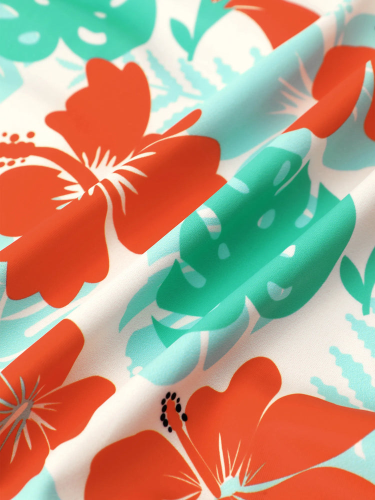 Family Matching Tropical Floral Print Swim Trunk or Ruffle Trim Bikini with Optional Beach Cover-Up Dress Orange