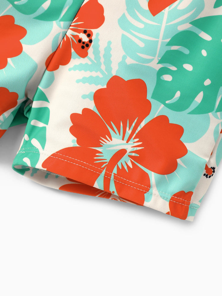 Family Matching Tropical Floral Print Swim Trunk or Ruffle Trim Bikini with Optional Beach Cover-Up Dress Orange