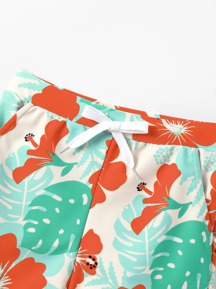 Daddy & Son Tropical Floral Print Swim Trunk or Ruffle Trim Bikini with Optional Beach Cover-Up Dress Orange