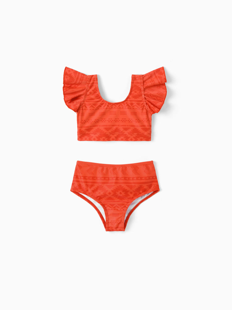 Family Matching Tropical Floral Print Swim Trunk or Ruffle Trim Bikini with Optional Beach Cover-Up Dress Orange
