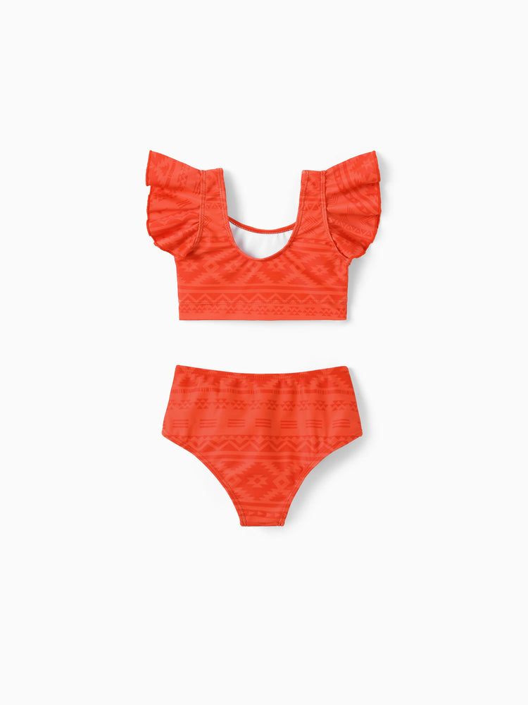 Family Matching Tropical Floral Print Swim Trunk or Ruffle Trim Bikini with Optional Beach Cover-Up Dress Orange