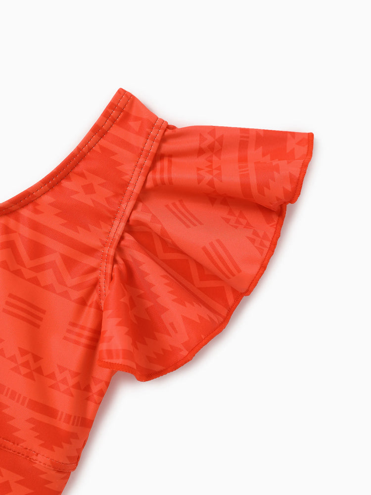 Family Matching Tropical Floral Print Swim Trunk or Ruffle Trim Bikini with Optional Beach Cover-Up Dress Orange