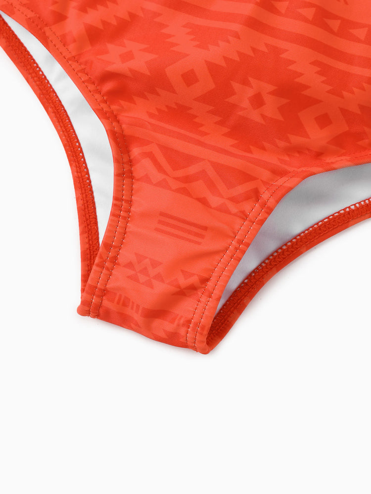 Family Matching Tropical Floral Print Swim Trunk or Ruffle Trim Bikini with Optional Beach Cover-Up Dress Orange