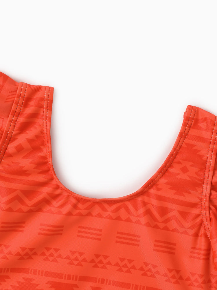 Family Matching Tropical Floral Print Swim Trunk or Ruffle Trim Bikini with Optional Beach Cover-Up Dress Orange
