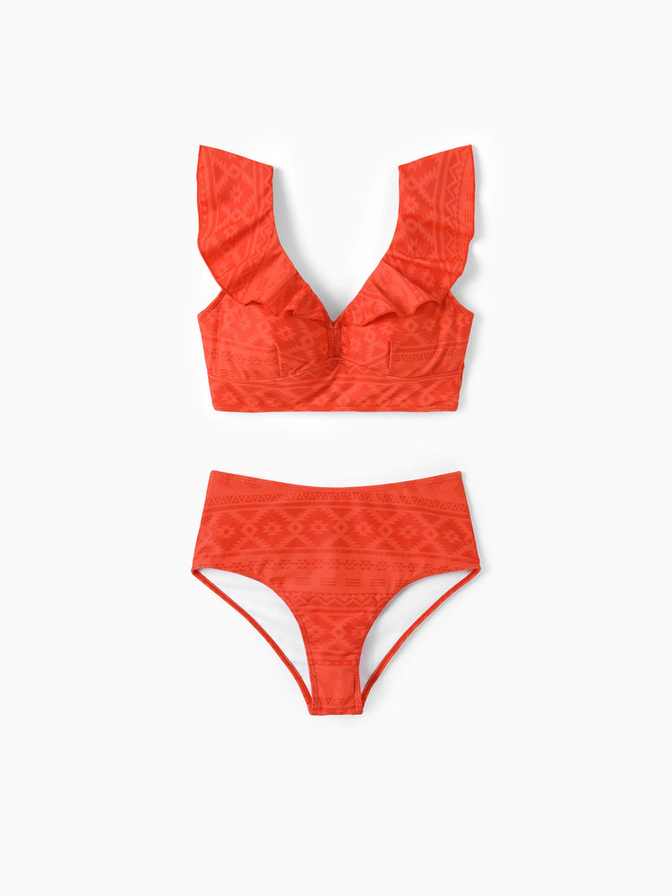 Family Matching Tropical Floral Print Swim Trunk or Ruffle Trim Bikini with Optional Beach Cover-Up Dress Orange