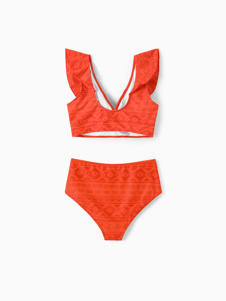 Mommy & Me Tropical Floral Print Ruffle Trim Bikini with Optional Beach Cover-Up Dress Orange