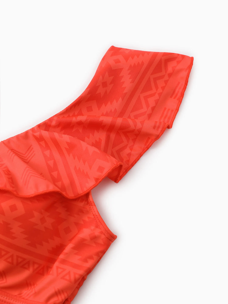 Family Matching Tropical Floral Print Swim Trunk or Ruffle Trim Bikini with Optional Beach Cover-Up Dress Orange