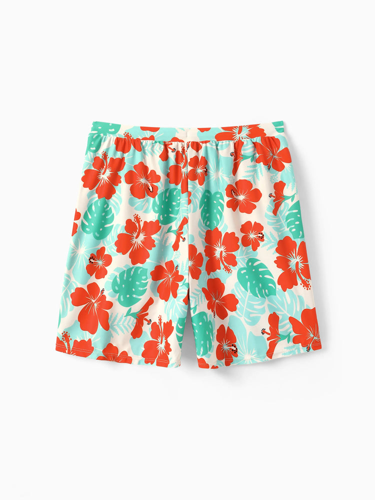 Daddy & Son Tropical Floral Print Swim Trunk or Ruffle Trim Bikini with Optional Beach Cover-Up Dress Orange
