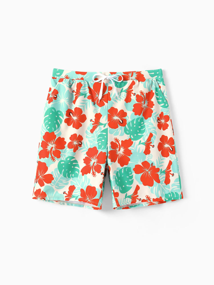 Family Matching Tropical Floral Print Swim Trunk or Ruffle Trim Bikini with Optional Beach Cover-Up Dress Orange
