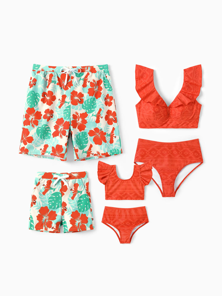 Short de bain assorti ou bikini à volants avec robe de plage optionnelle pour toute la famille, imprimé floral tropical, orange