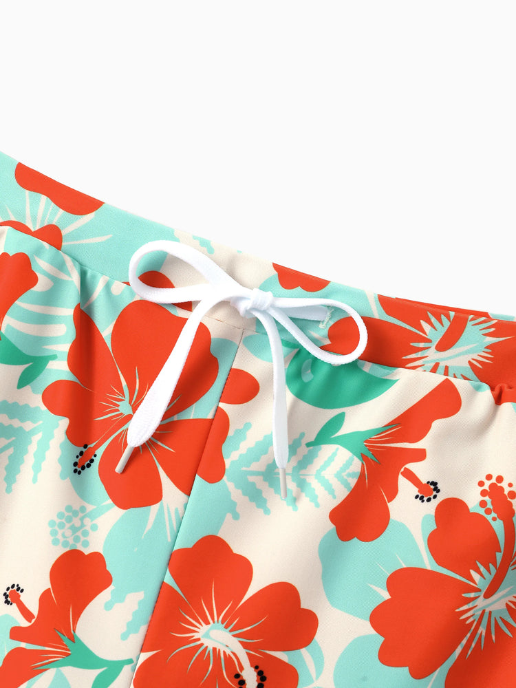 Daddy & Daughter Tropical Floral Print Swim Trunk or Ruffle Trim Bikini with Optional Beach Cover-Up Dress Orange