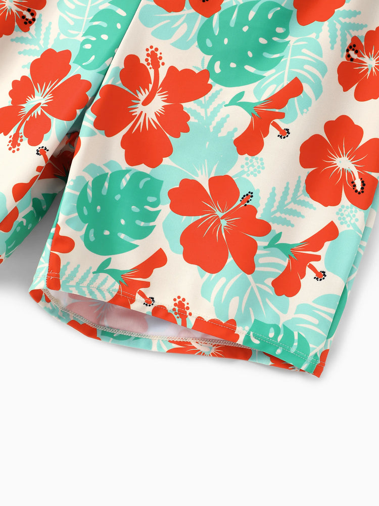 Daddy & Son Tropical Floral Print Swim Trunk or Ruffle Trim Bikini with Optional Beach Cover-Up Dress Orange