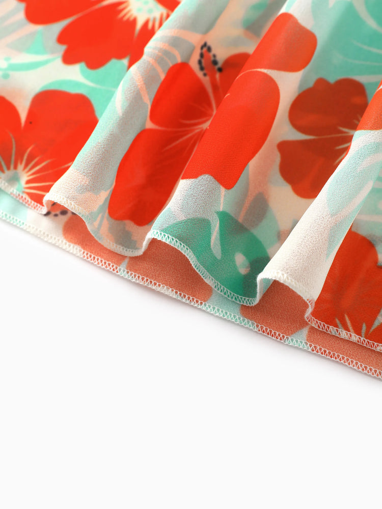 Mommy & Me Tropical Floral Print Ruffle Trim Bikini with Optional Beach Cover-Up Dress Orange