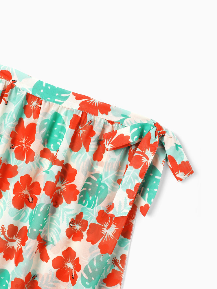 Family Matching Tropical Floral Print Swim Trunk or Ruffle Trim Bikini with Optional Beach Cover-Up Dress Orange