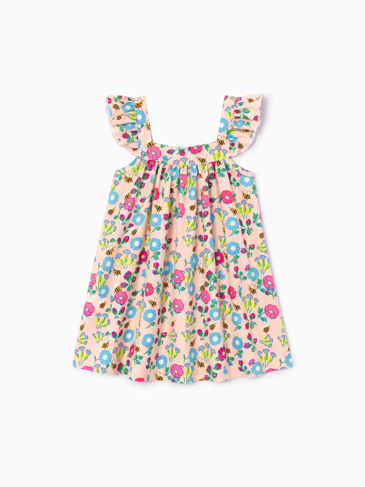 Baby Girl Multi-Floral Print Sweet Ruffle Flutter Sleeve Dress Multi-color
