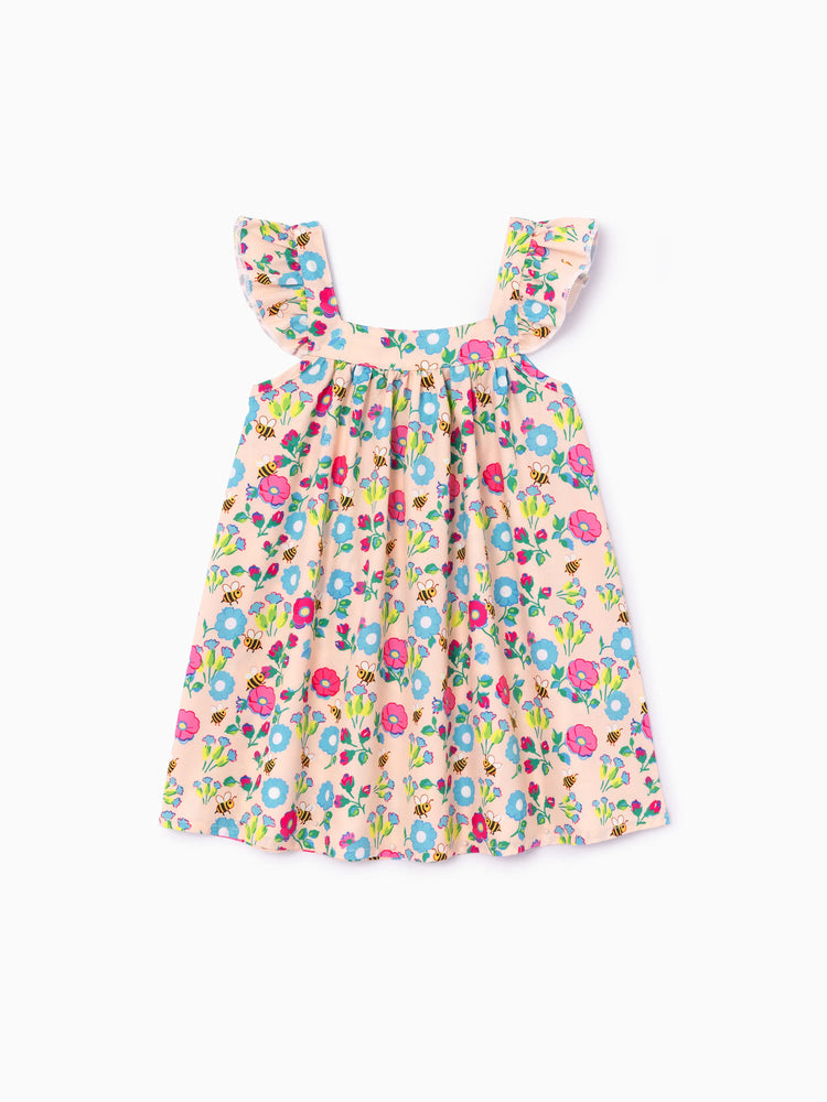 Baby Girl Multi-Floral Print Sweet Ruffle Flutter Sleeve Dress Multi-color
