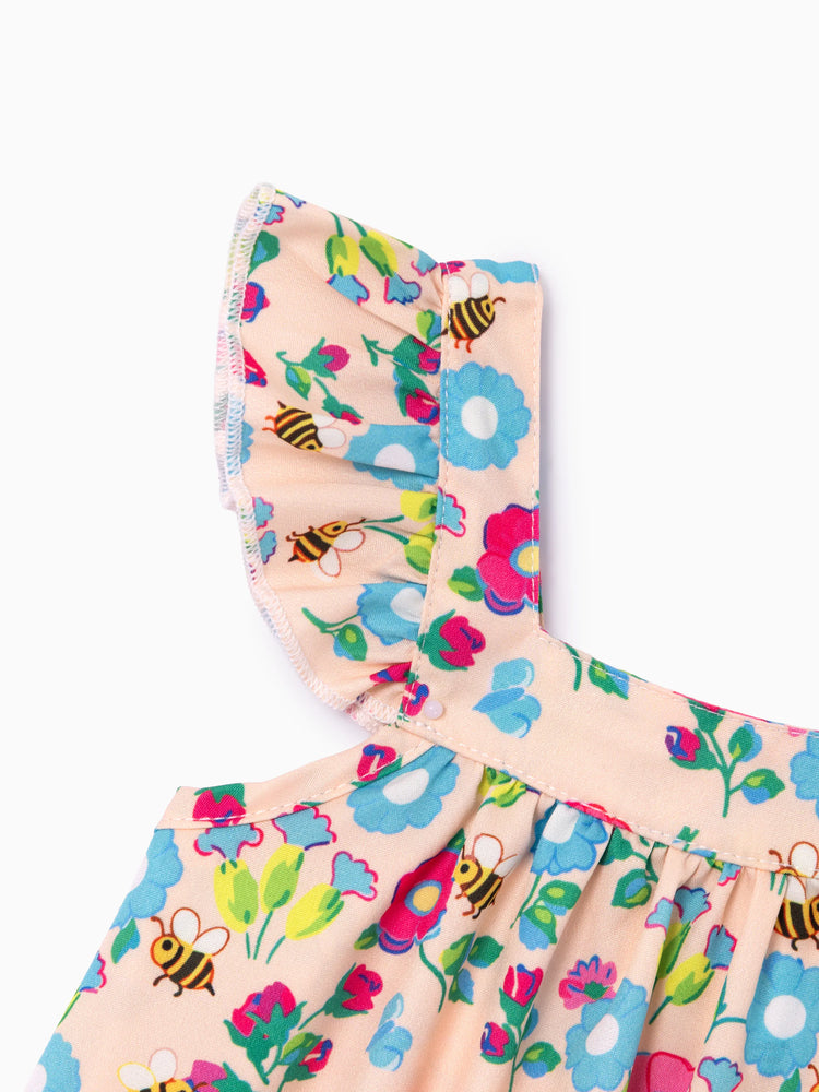 Baby Girl Multi-Floral Print Sweet Ruffle Flutter Sleeve Dress Multi-color
