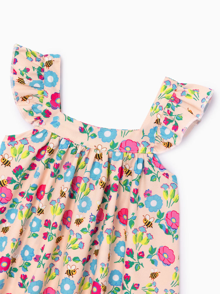 Baby Girl Multi-Floral Print Sweet Ruffle Flutter Sleeve Dress Multi-color