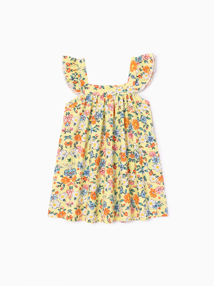 Baby Girl Multi-Floral Print Sweet Ruffle Flutter Sleeve Dress Yellow
