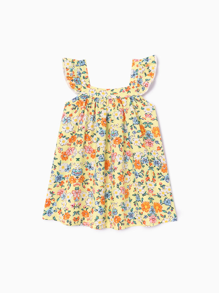 Baby Girl Multi-Floral Print Sweet Ruffle Flutter Sleeve Dress Yellow