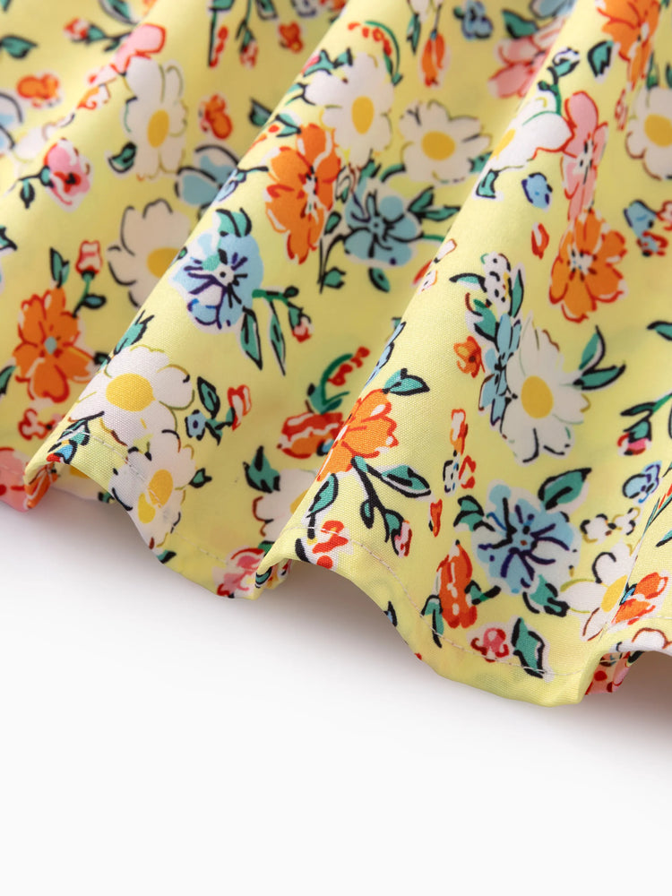 Baby Girl Multi-Floral Print Sweet Ruffle Flutter Sleeve Dress Yellow