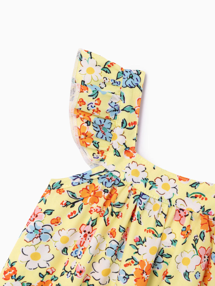 Baby Girl Multi-Floral Print Sweet Ruffle Flutter Sleeve Dress Yellow