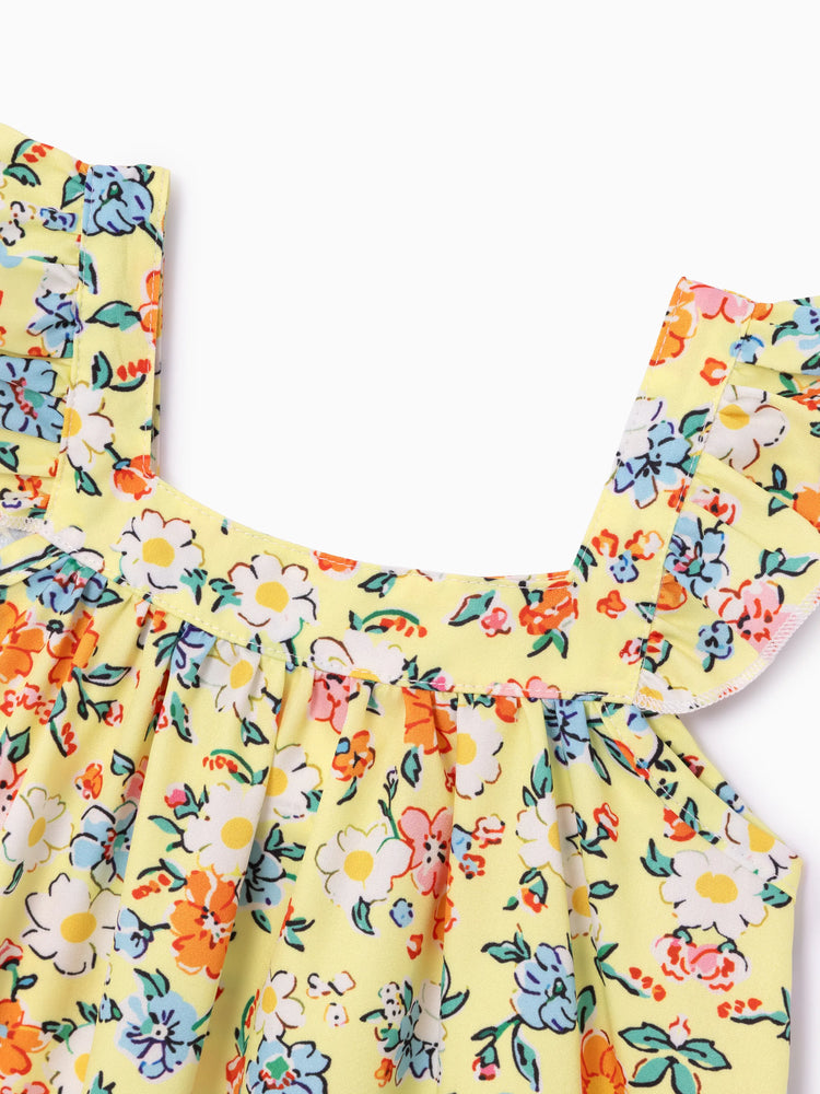 Baby Girl Multi-Floral Print Sweet Ruffle Flutter Sleeve Dress Yellow