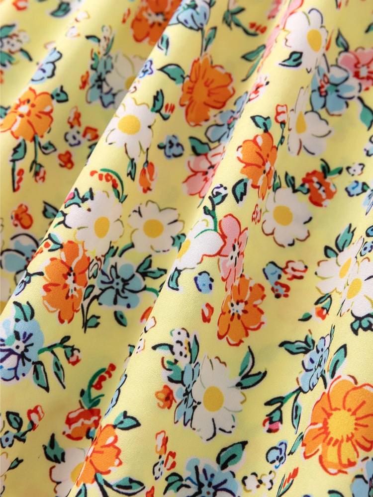Baby Girl Multi-Floral Print Sweet Ruffle Flutter Sleeve Dress Yellow