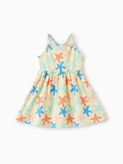 Ocean Vibes Baby Girl Starfish Print Crisscross Back Dress Yellow