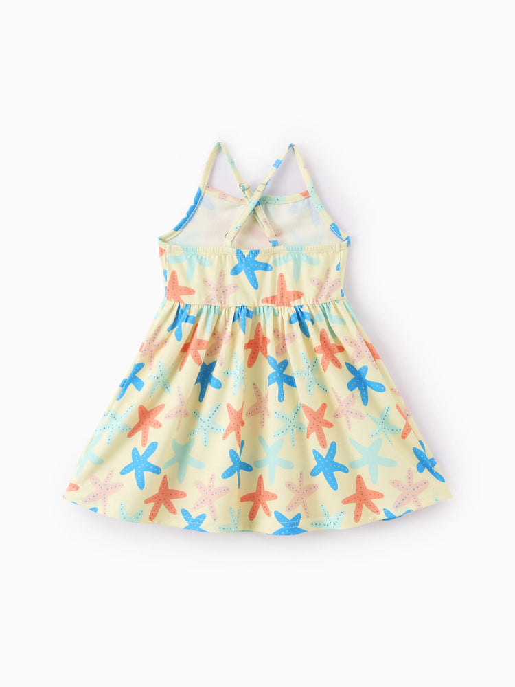 Ocean Vibes Baby Girl Starfish Print Crisscross Back Dress Yellow