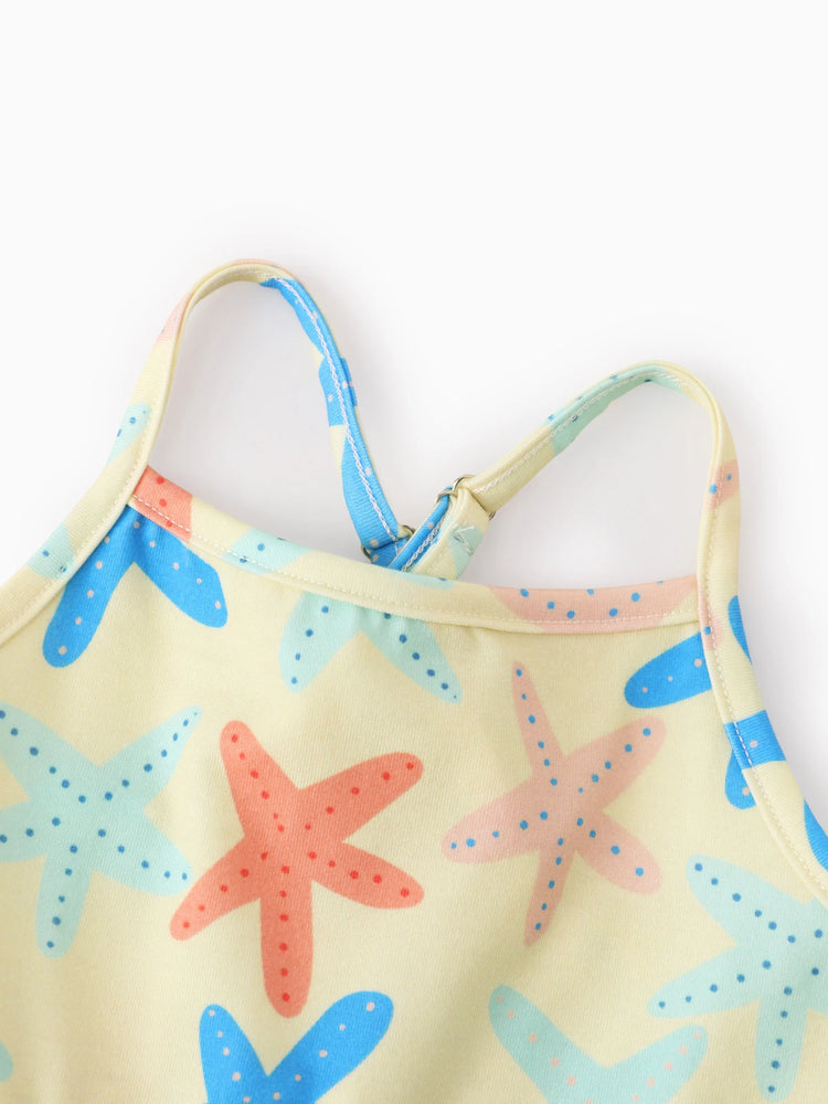 Ocean Vibes Baby Girl Starfish Print Crisscross Back Dress Yellow