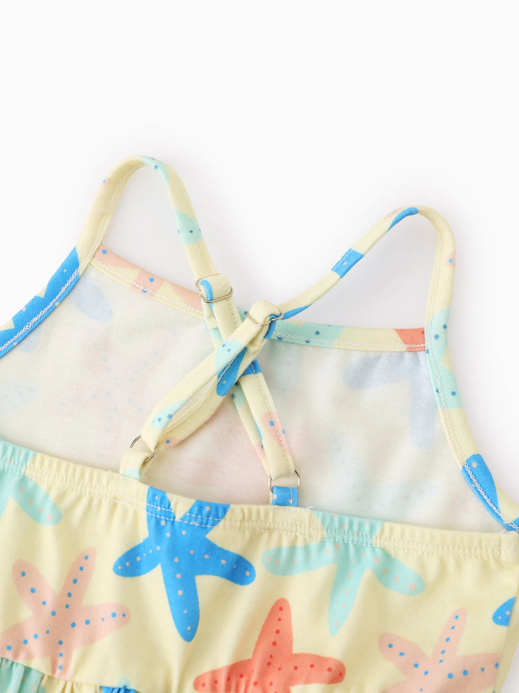 Ocean Vibes Baby Girl Starfish Print Crisscross Back Dress Yellow