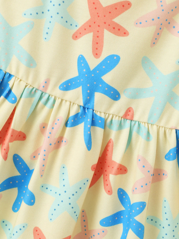 Ocean Vibes Baby Girl Starfish Print Crisscross Back Dress Yellow