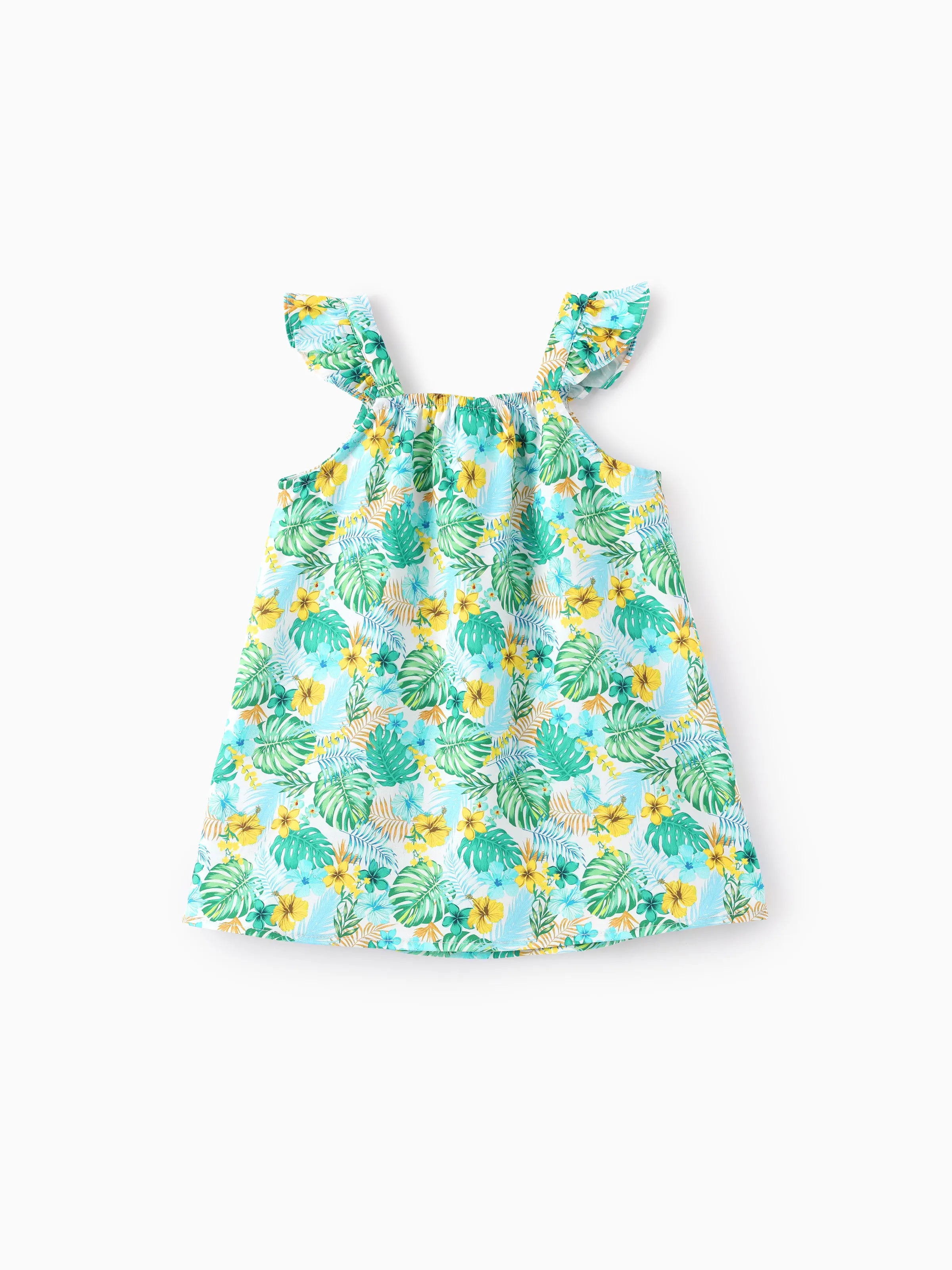 Baby Girl Tropical island Leaf Print Ruffle Flutter Sleeve Dress Green